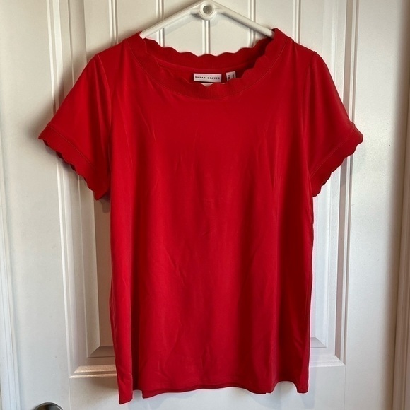 Nwot Susan Graver Liquid Knit Scalloped Trim Coral Top Tee T-Shirt Medium M - Picture 2 of 11